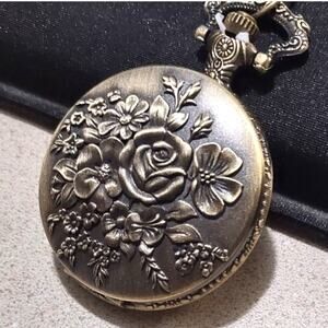 Gold Rose Roses Pocket Watch Necklace Women's Anniversary Birthday Gift - NEW